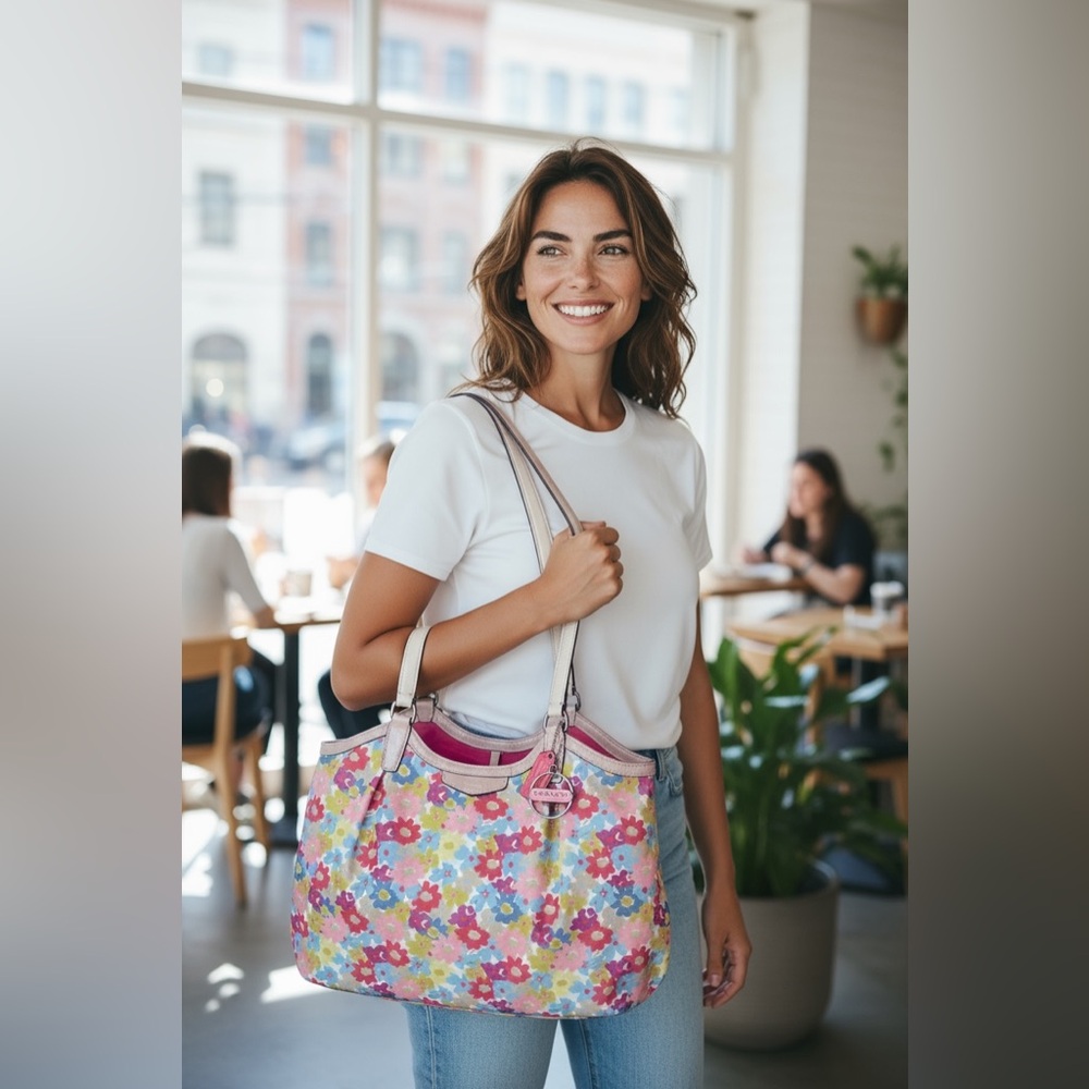 Coach 2013 Peyton #M1373-F28931 Colorful Floral Tote Shoulder Bag with 2 charms